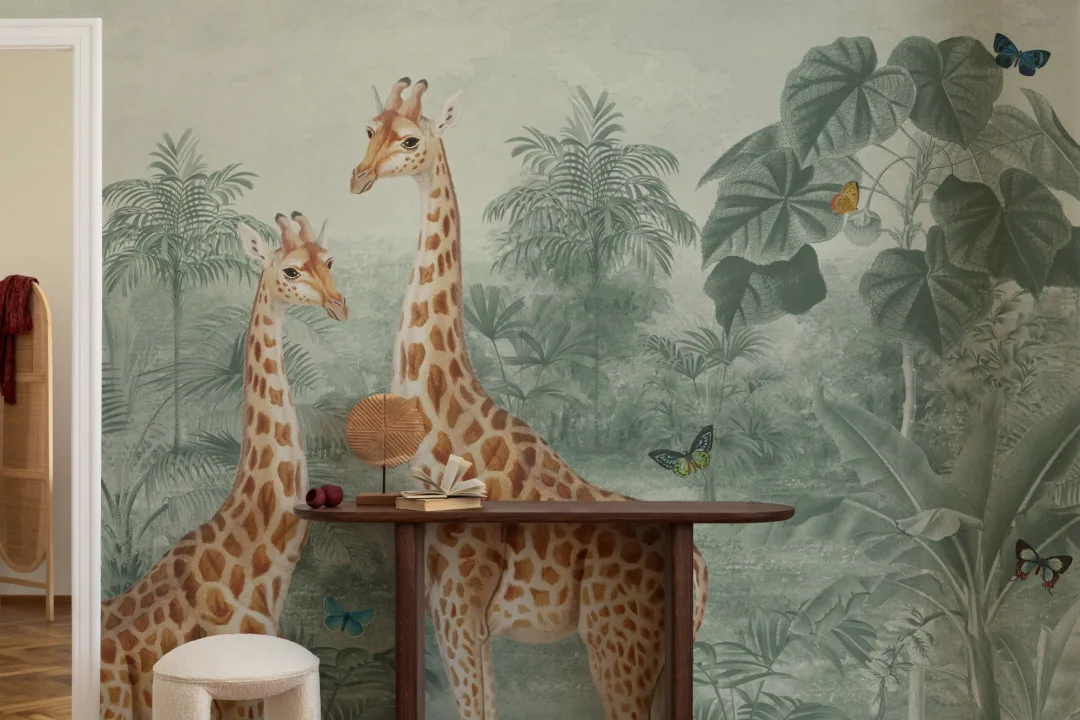 Mural Ilustración Jirafa Tropical Vintage Verde