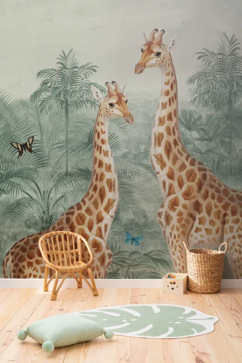 Green Vintage Tropical Giraffe Illustration Mural