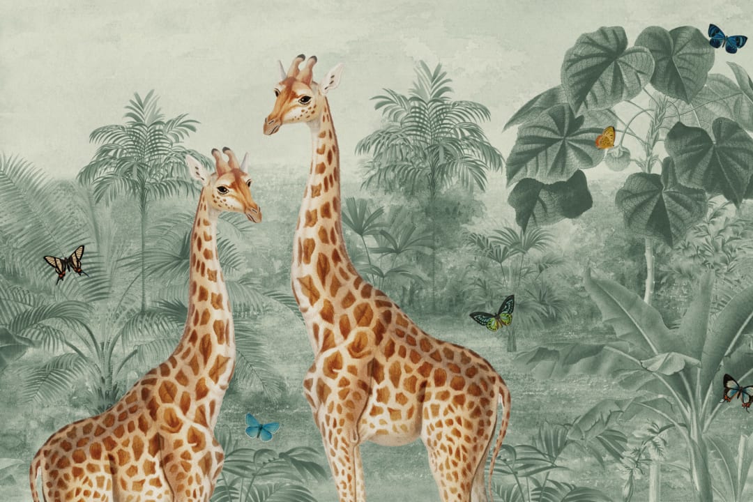 Mural Ilustración Jirafa Tropical Vintage Verde