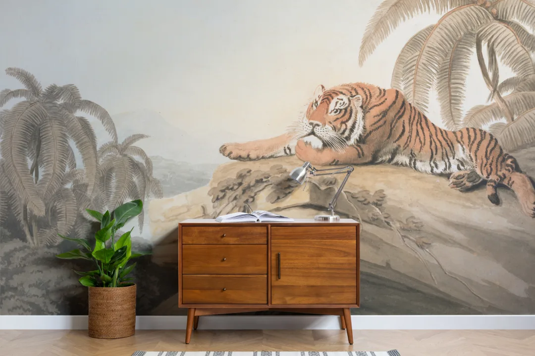 Illustrated Tropical Landscape Tiger Mural