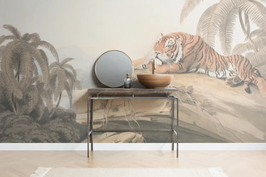 Murales de Papel Pintado ilustrado de tigre con paisaje tropical