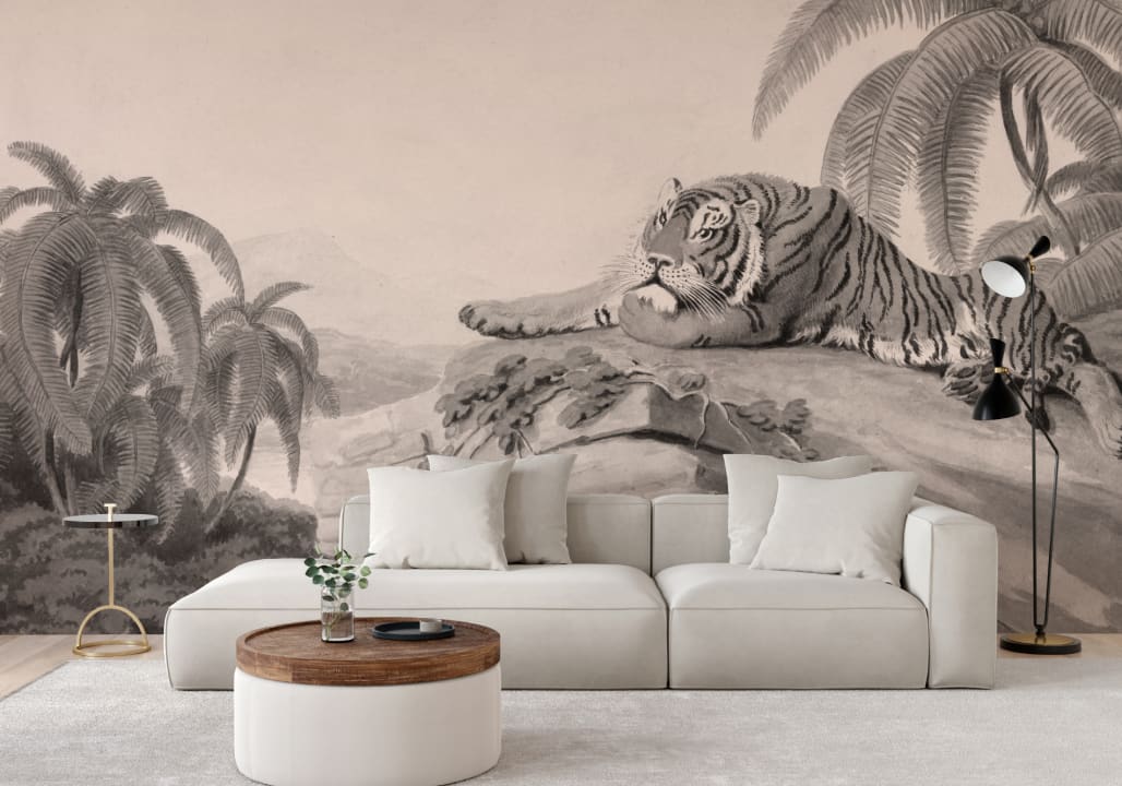 Grey Illustrated Tropical Landscape Tiger Mural