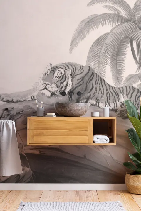 Mural de papel pintado Gris Paisaje tropical Tigre
