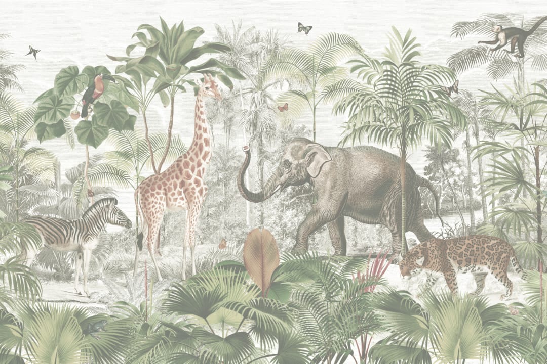 Asian Jungle Animals Watercolor Mural