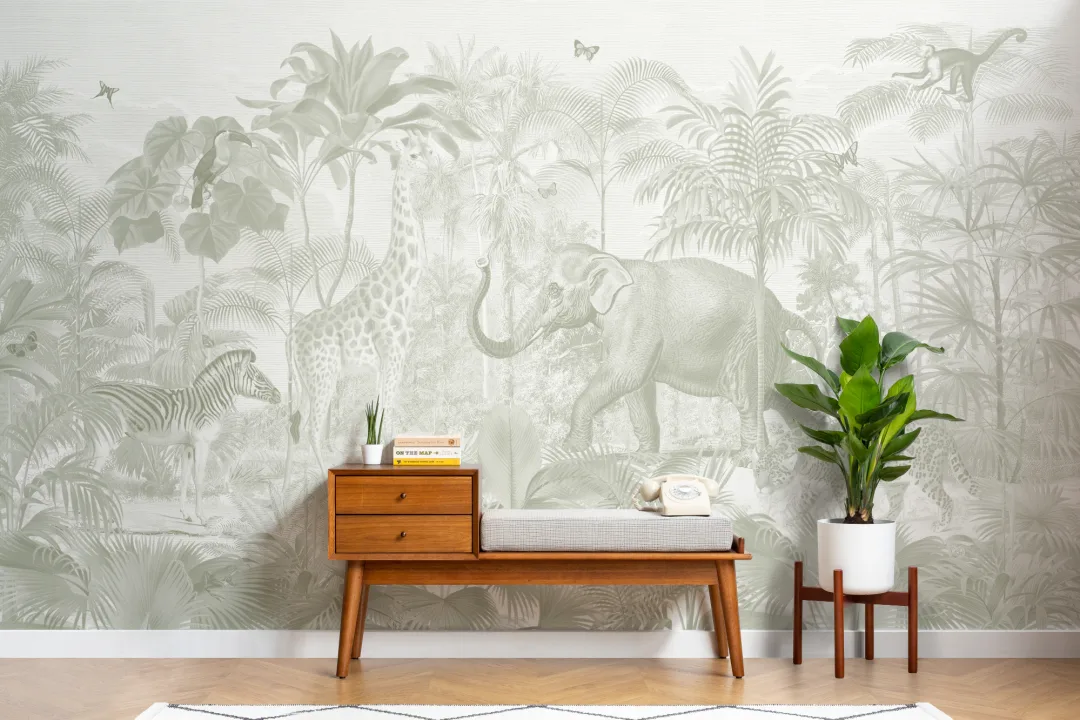 Green Asian Jungle Animals Watercolor Mural