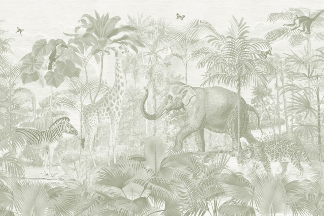 Mural de papel pintado en acuarela con animales de la jungla asiática verde