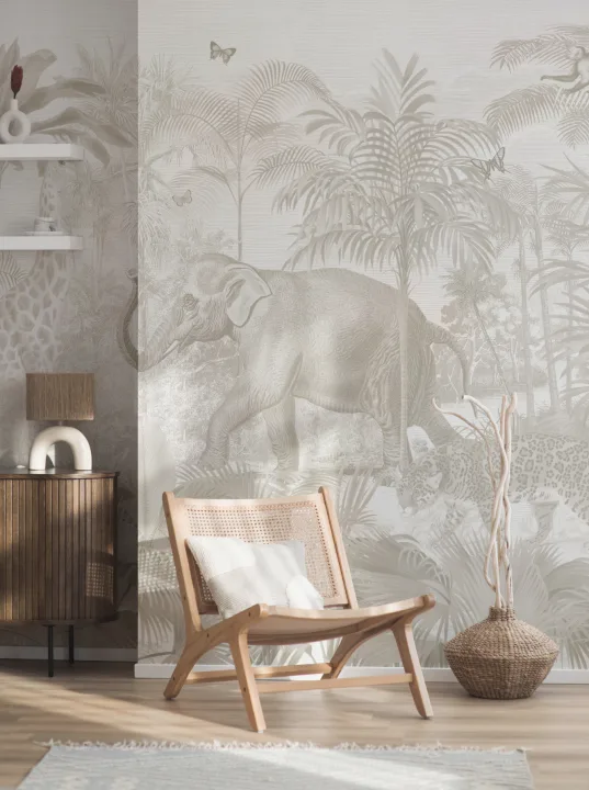 Neutral Asian Jungle Animals Watercolor Mural