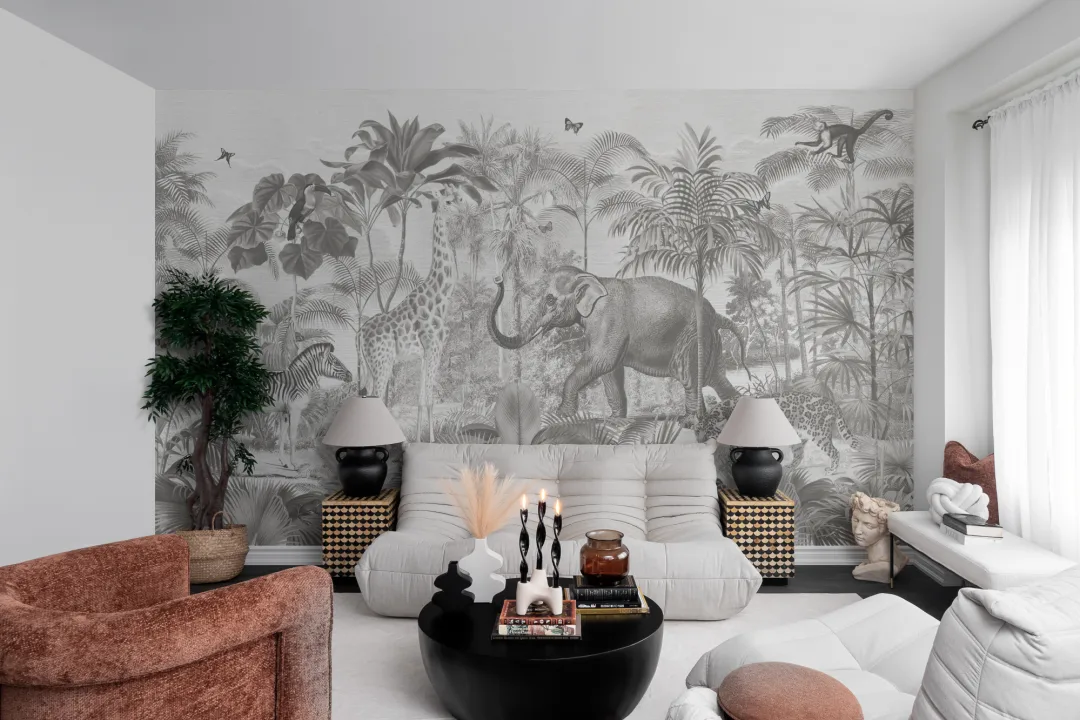 Mural de papel pintado de animales de la selva asiática gris