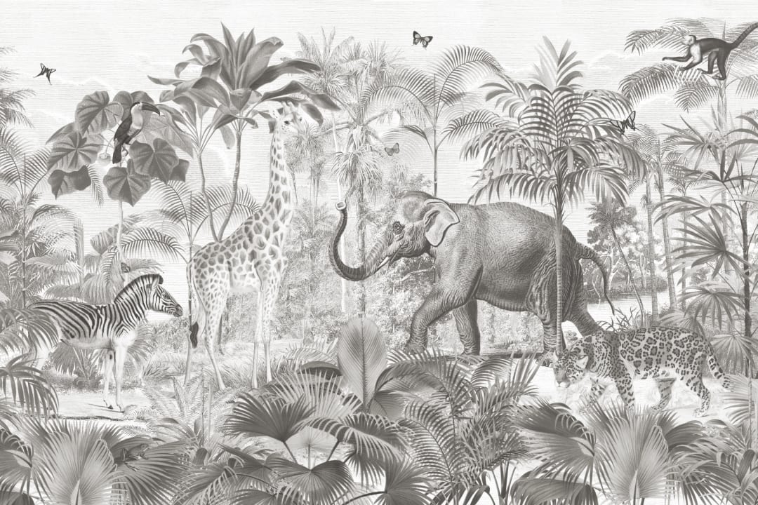 Mural de papel pintado de animales de la selva asiática gris