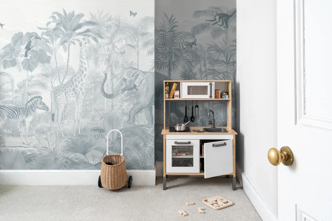 Blue Asian Jungle Animals Watercolor Mural