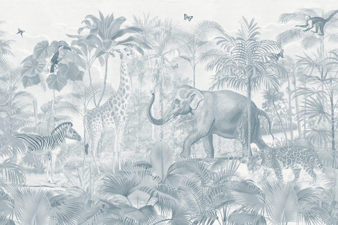 Mural de papel pintado en acuarela con animales de la jungla asiática azul