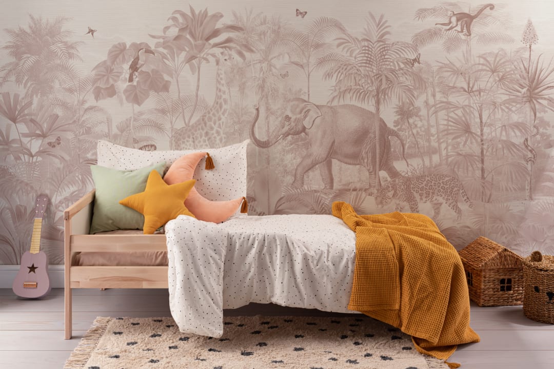Pink Asian Jungle Animals Watercolor Mural