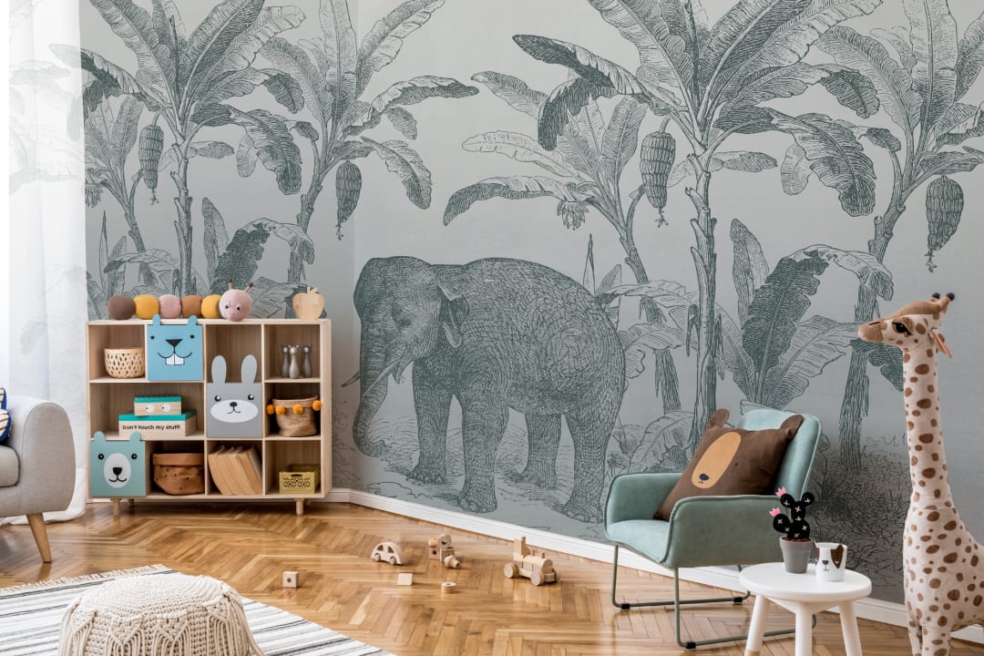 Teal Vintage Explorer Elephant Wallpaper Mural