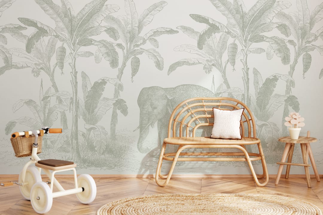 Sage Green Vintage Explorer Elephant Wallpaper Mural