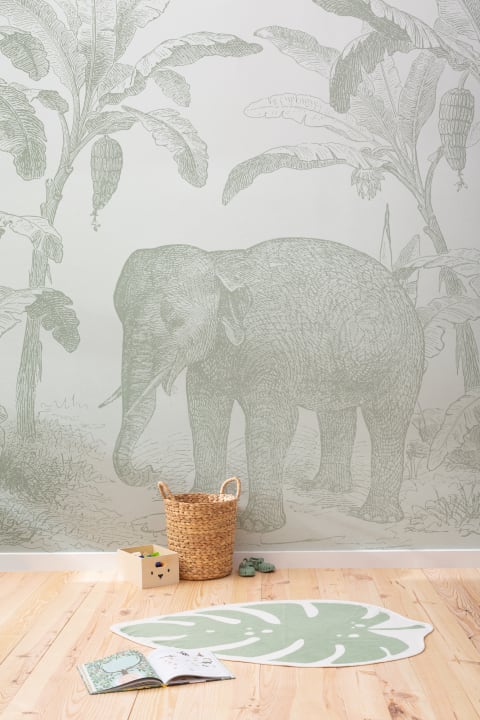 Sage Green Vintage Explorer Elephant Wallpaper Mural