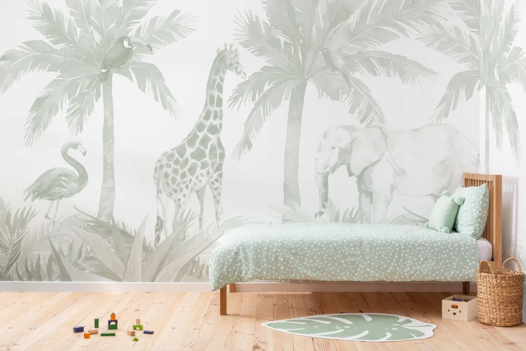 Mural de papel pintado Verde acuarela de la selva del cuarto de niños