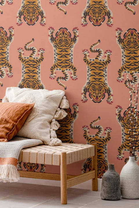 Papel Pintado Naranja con Motivo de Tigre Tibetano