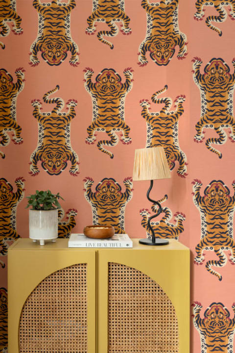Orange Tibetan Tiger Repeat Pattern Wallpaper