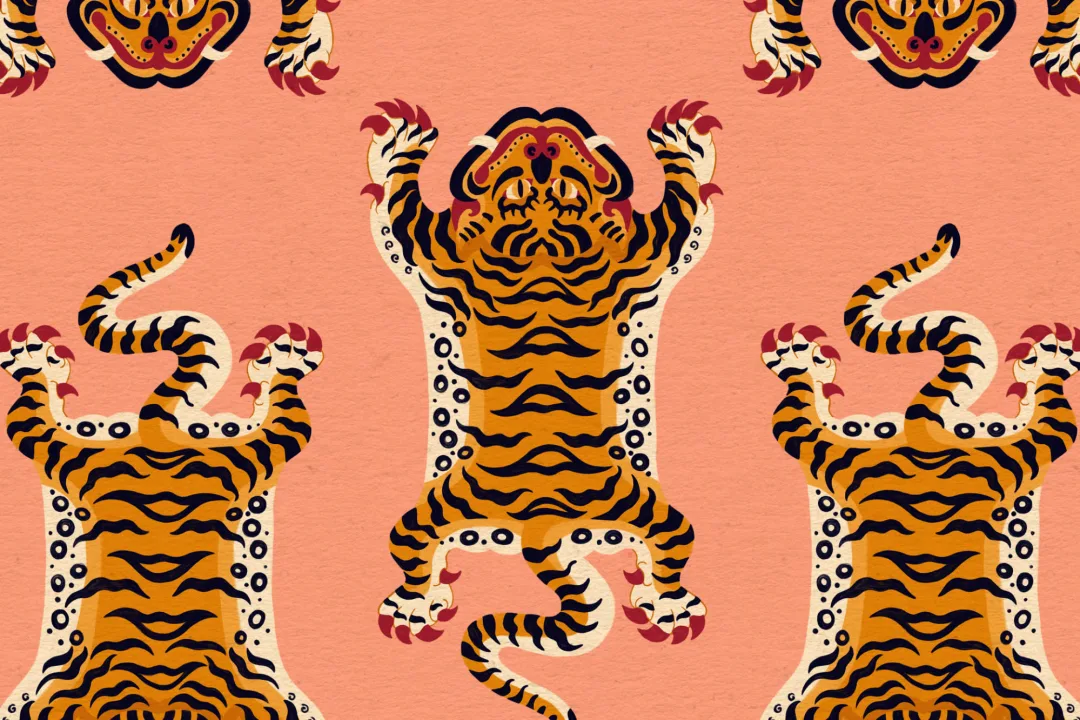 Orange Tibetan Tiger Repeat Pattern Wallpaper