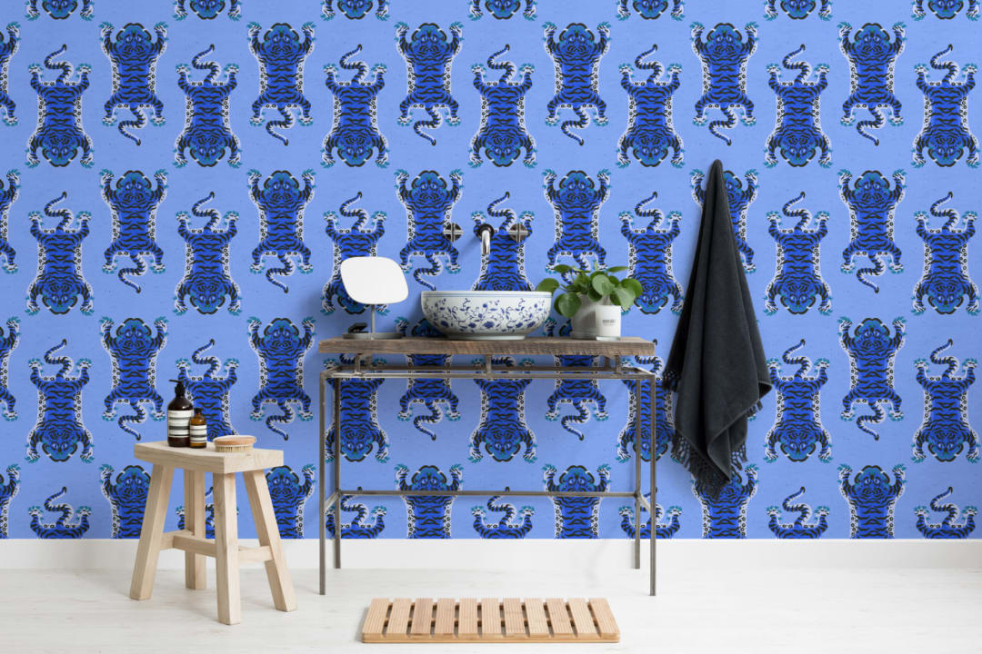 Blue Tibetan Tiger Repeat Pattern Wallpaper
