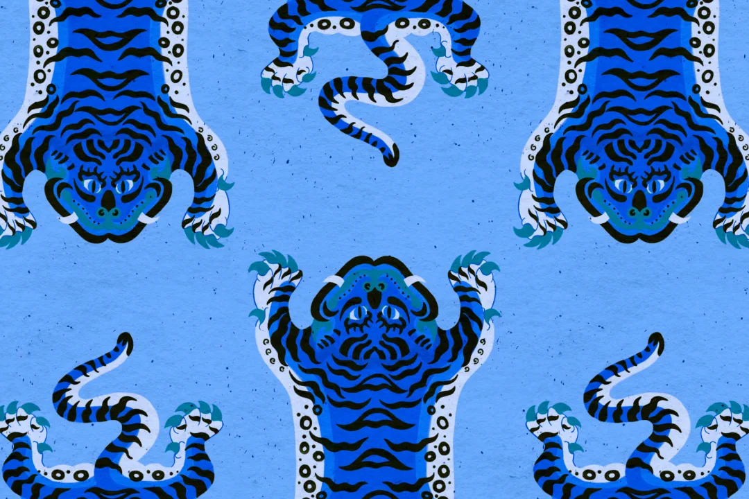 Blue Tibetan Tiger Repeat Pattern Wallpaper