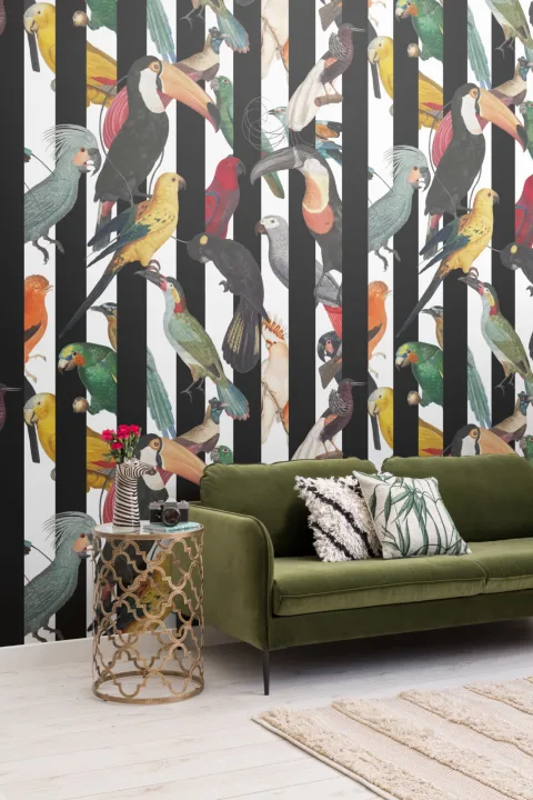 Colorful Tropical Birds & Stripes Pattern Wallpaper Mural