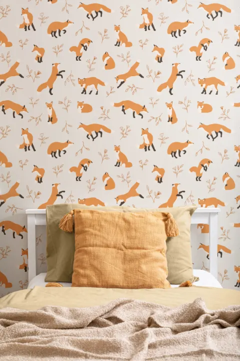 Mural Papel Pintado Ilustrado con Motivos de Zorros Color Naranja
