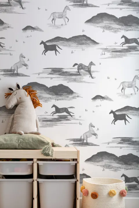 Gray Wild Horse Sketch Pattern Wallpaper Mural