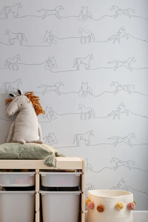 Gray Line Drawing Horse Pattern Wallpaper Mural