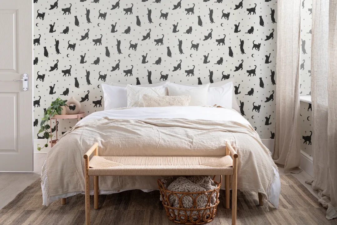 Mural Papel Pintado Blanco y Negros con Motivo de Gatos y Estrellas