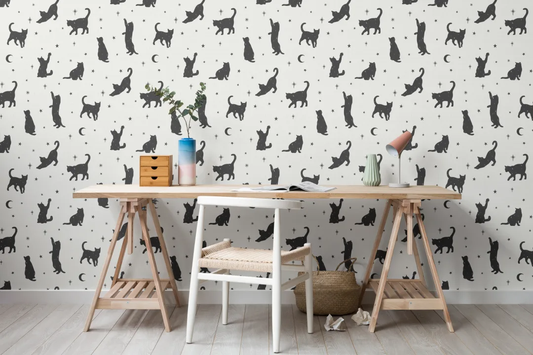 Mural Papel Pintado Blanco y Negros con Motivo de Gatos y Estrellas