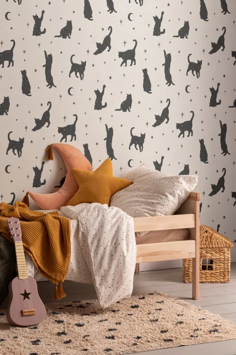Black Cat Moon & Stars Pattern Wallpaper Mural