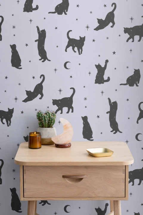 Pastel Purple Black Cat Moon & Stars Pattern Wallpaper Mural