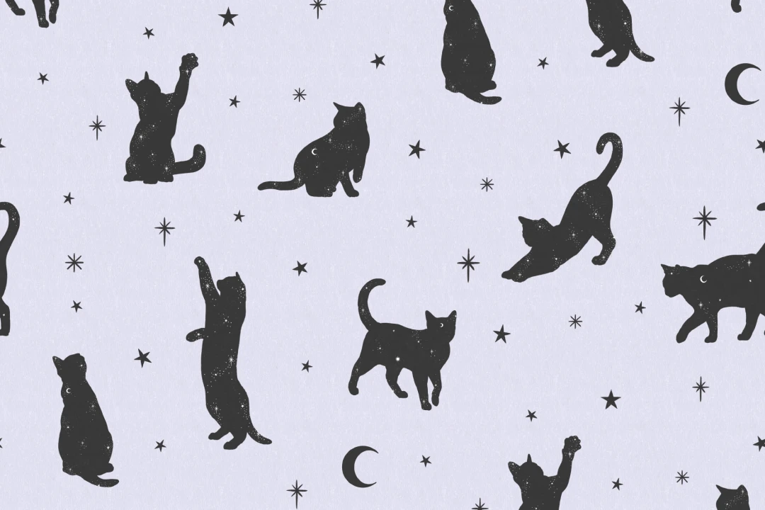 Pastel Purple Black Cat Moon & Stars Pattern Wallpaper Mural