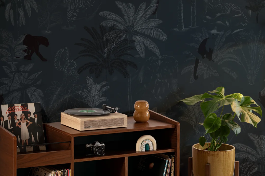 Mural Papel Pintado Animales de la Selva y Plantas Tropicales en Azul Marino
