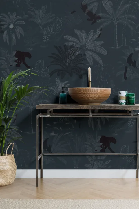 Mural Papel Pintado Animales de la Selva y Plantas Tropicales en Azul Marino