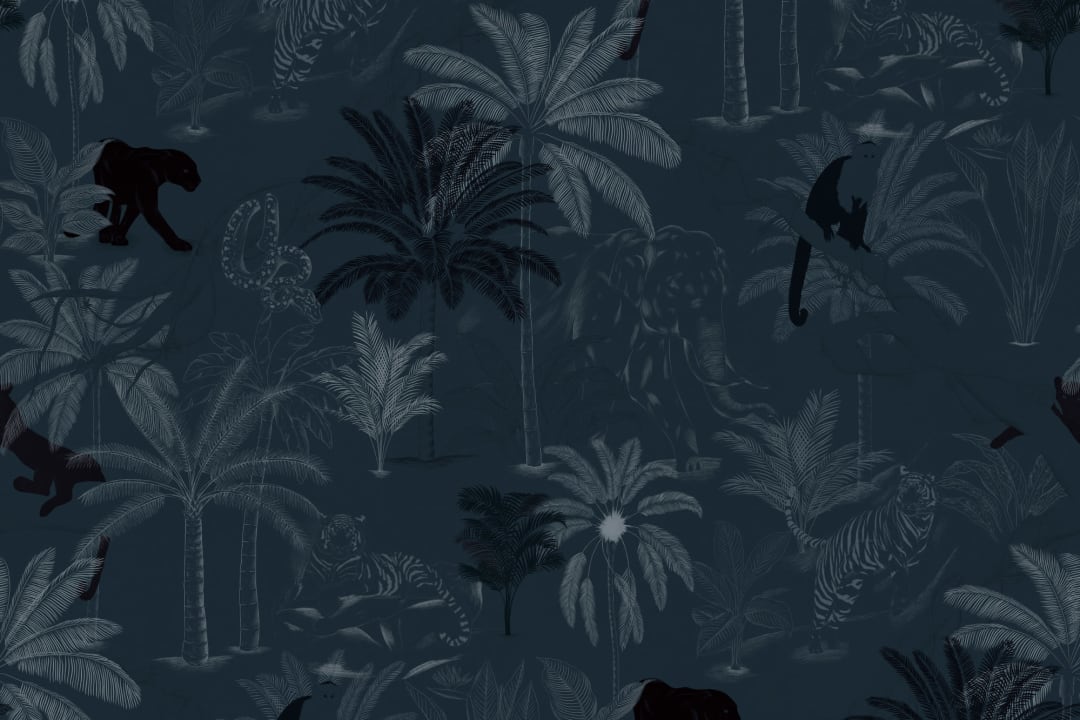 Papier Peint Panoramique Animaux de la Jungle et Plantes Tropicales en Bleu Marine