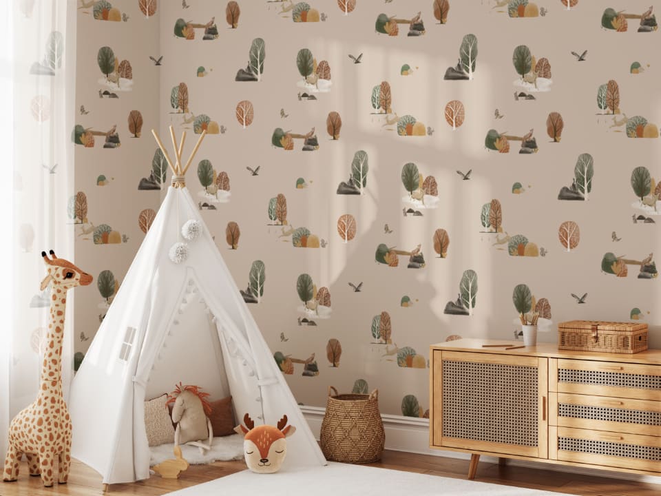Kids Painted Woodland Animals Repeat Pattern Wallpaper