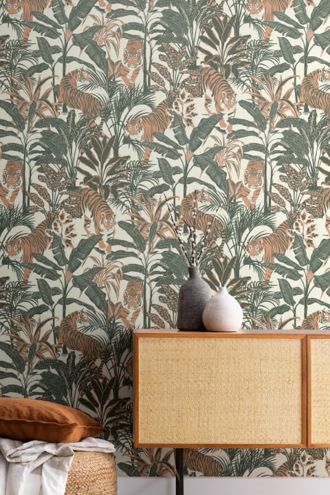 Tropical Tiger Jungle Plants Repeat Pattern Wallpaper