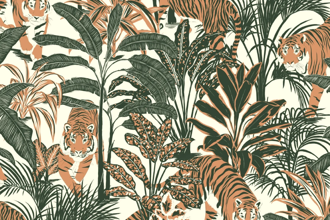 Tropical Tiger Jungle Plants Repeat Pattern Wallpaper