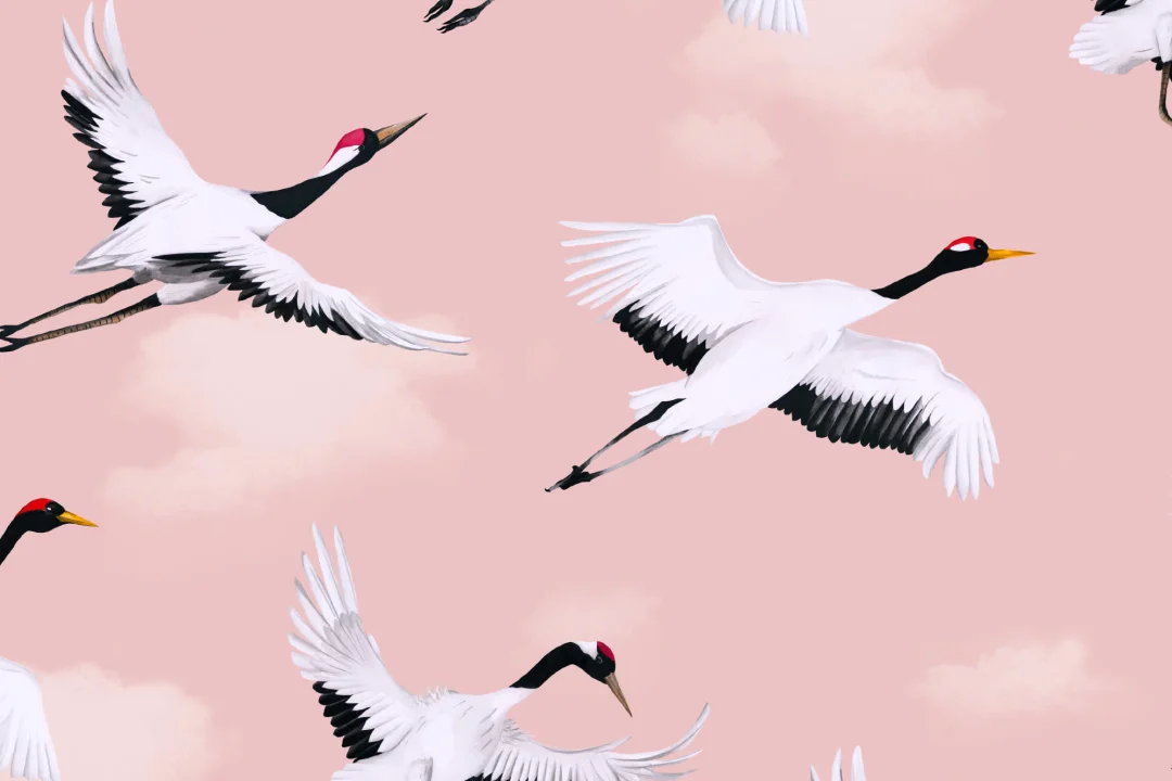 Flying Japanese Cranes Pink Repeat Pattern Wallpaper