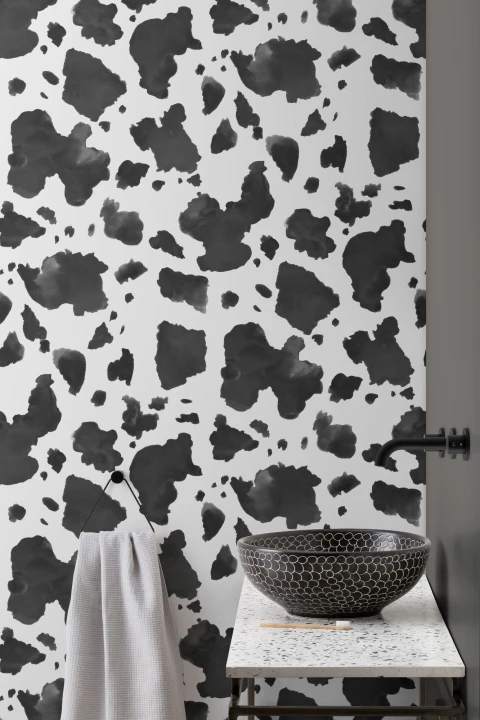 Painted Black and White Cow Print Repeat Pattern Wallpaper
