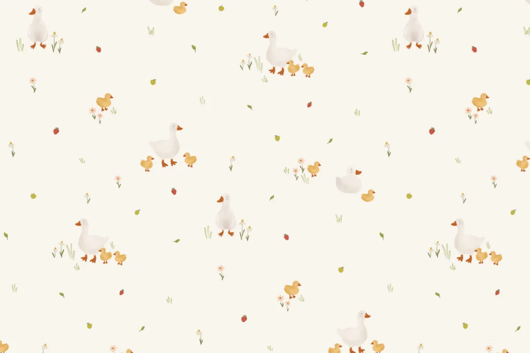 Cute Beige Duck & Ducklings Print Wallpaper