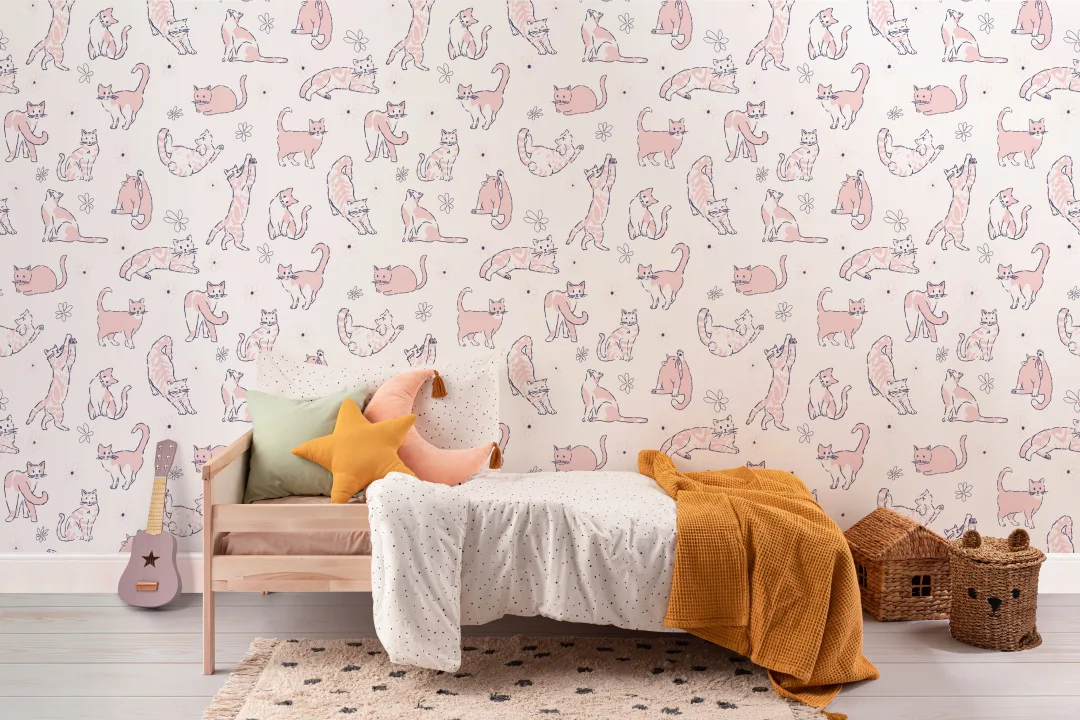 Pink Playful Cats Kids' Animal Theme Mural
