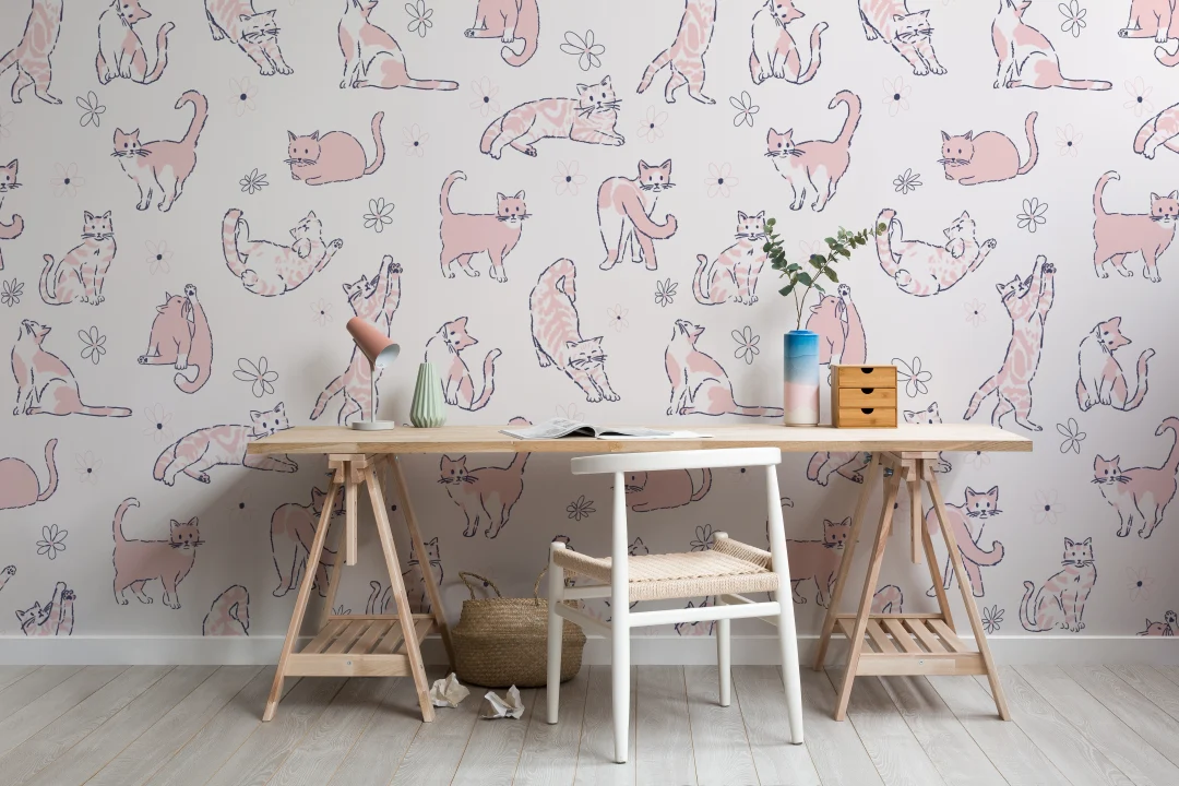 Mural infantil de gatos juguetones en rosa con temática animal