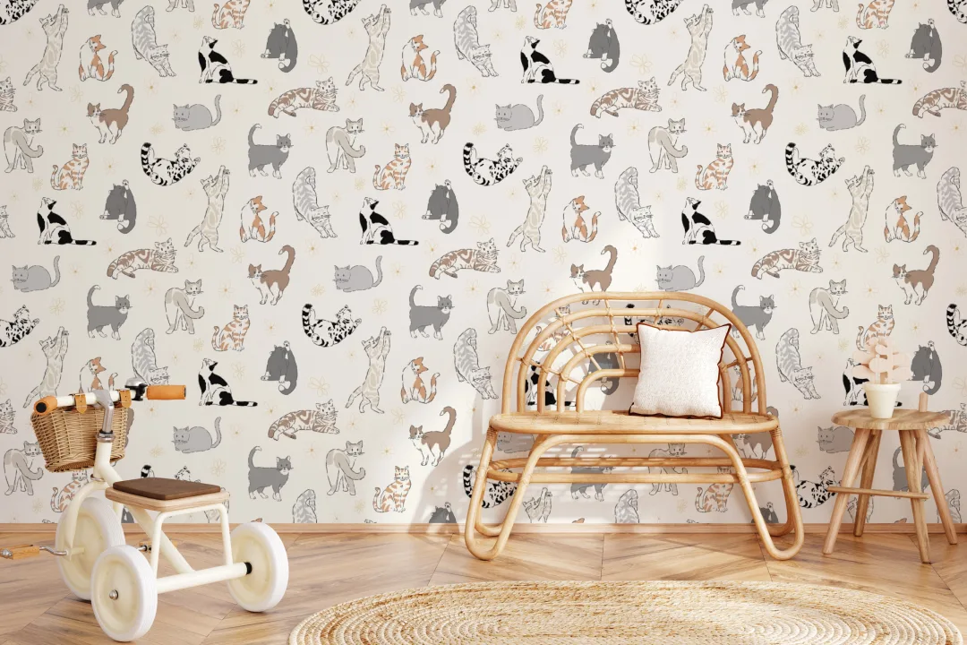 Neutral Cat Pattern Mural With Playful Feline Charm
