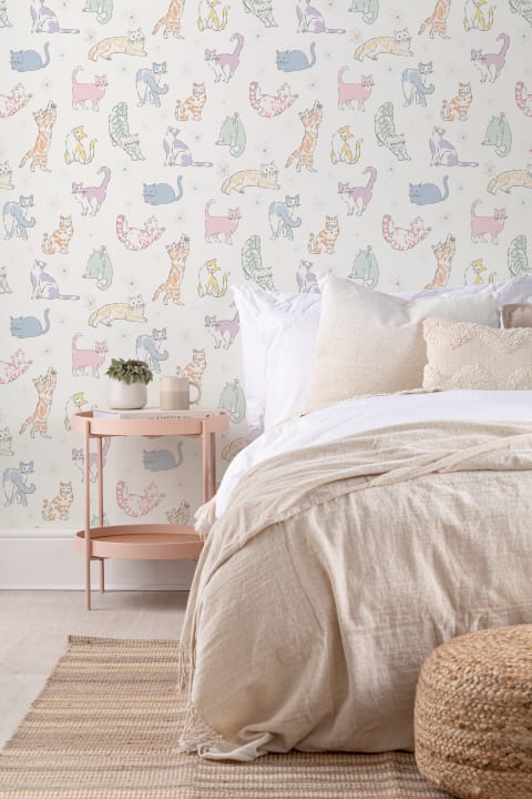 Multicolor Playful Cat Kids' Mural For Cheerful Spaces