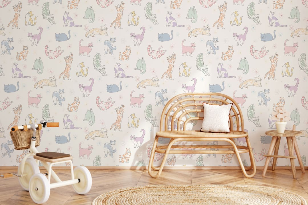 Multicolor Playful Cat Kids' Mural For Cheerful Spaces