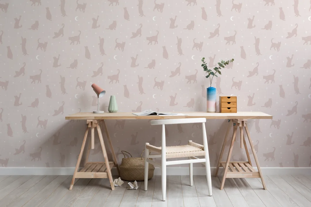 Pink Cat Moon & Stars Pattern Mural