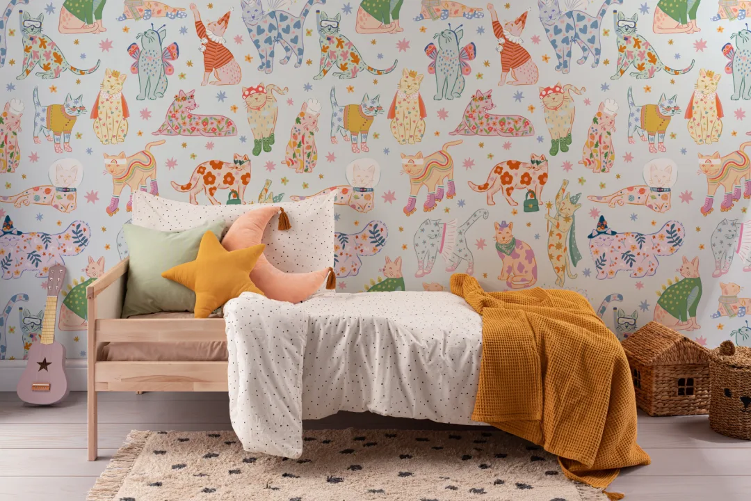Blue Cats in Outfits Print Mural